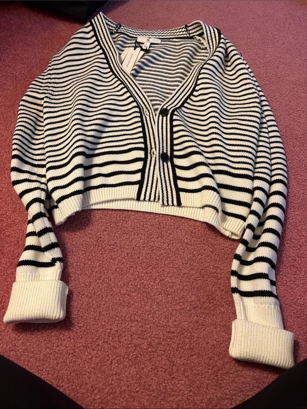NEW WITH TAGS! Cropped V-Neck Striped Cardigan Sweater - Black & White